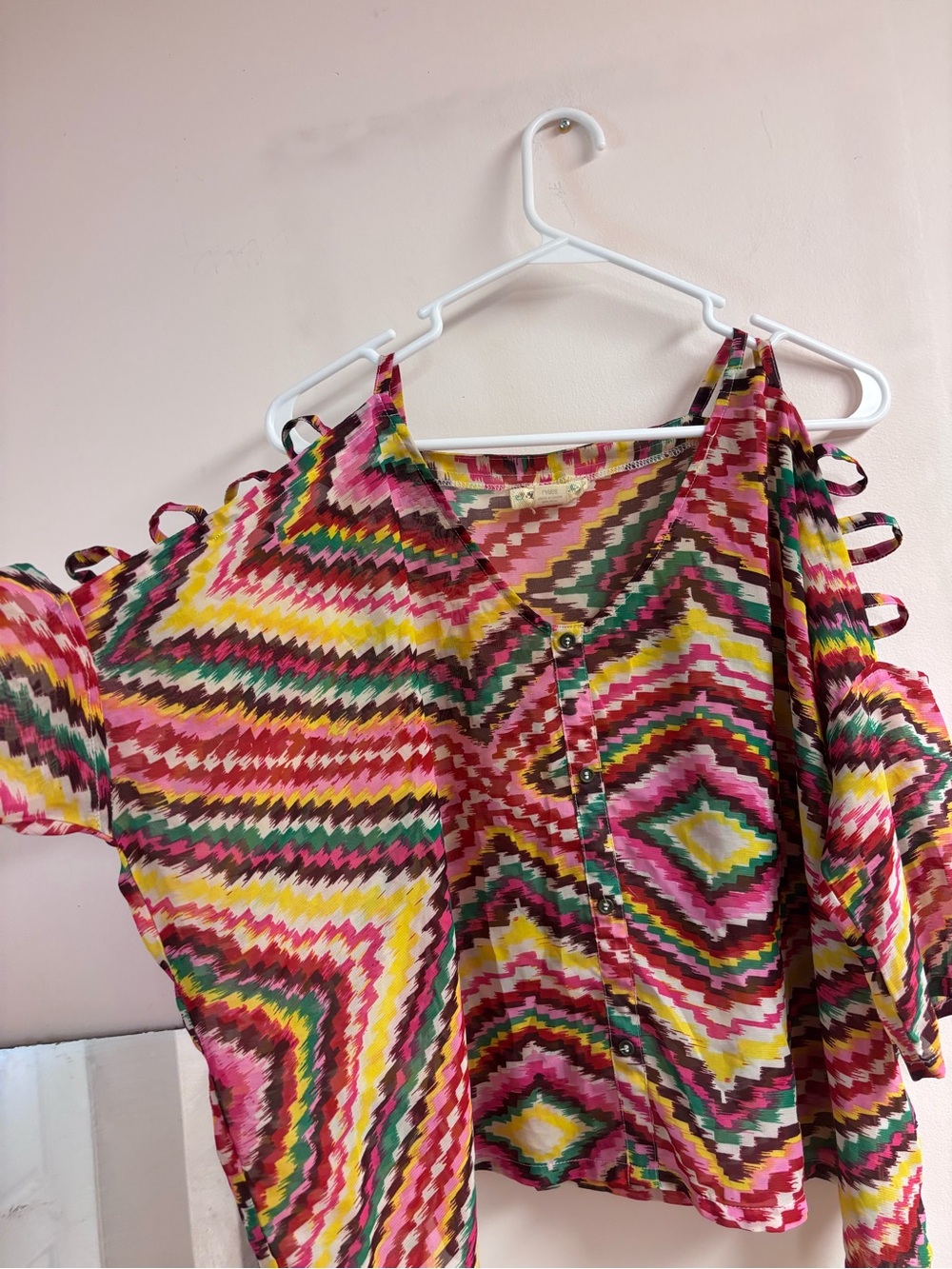 Colorful Chevron Cold-Shoulder Blouse - Pink, Yellow & Green